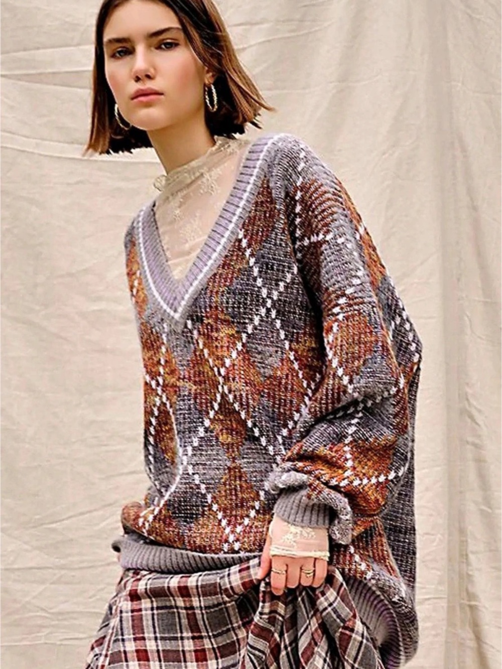 Free People Silverstone Tunic Oversized Argyle V-Neck Sweater Size Small